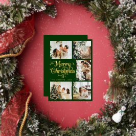 Elegant Retro Green & Gold Merry Christmas Family Foil Holiday Card