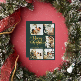 Elegant Retro Green & Gold Merry Christmas Family Foil Holiday Card