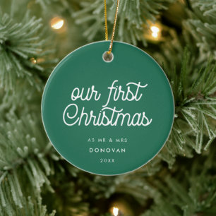 Elegant Retro Green Our First Christmas Photo Ceramic Ornament