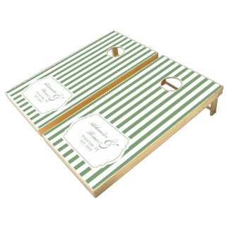 Elegant Retro Green White Stripes Coastal Wedding Cornhole Set