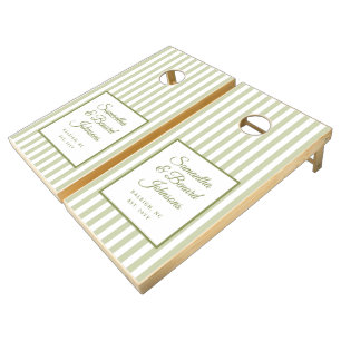 Elegant Retro Green White Stripes Script Wedding Cornhole Set