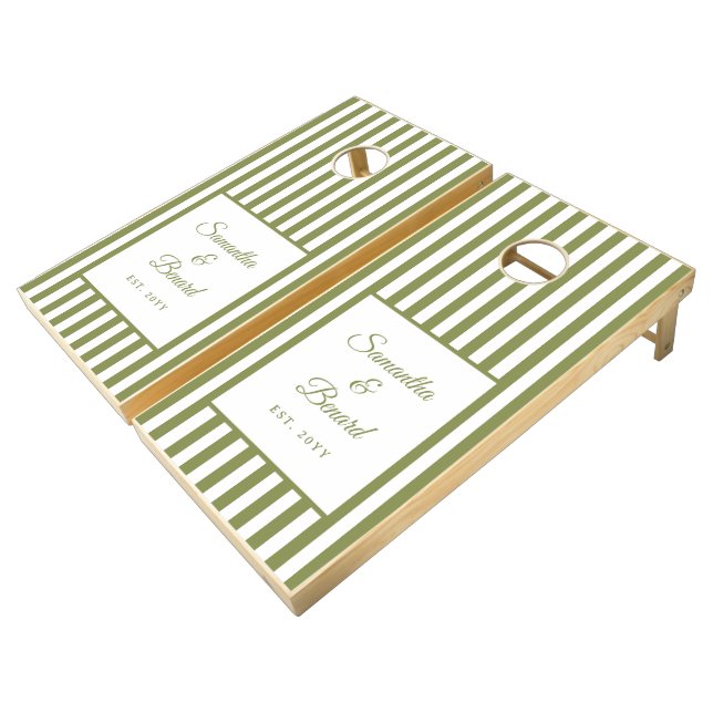 Elegant Retro Green White  Stripes Script Wedding Cornhole Set (Angled)