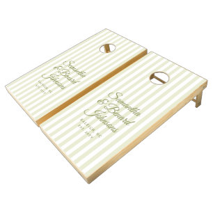 Elegant Retro Green White Stripes Script Wedding Cornhole Set