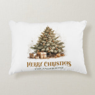 Elegant retro greenery and gold Christmas tree, Accent Pillow