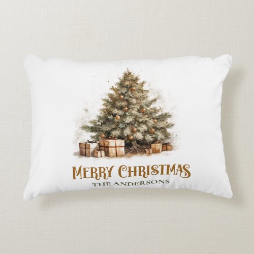 Elegant retro greenery and gold Christmas tree Accent Pillow