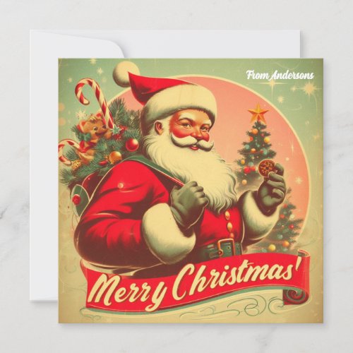 Elegant retro illustration cute Santa Claus Holiday Card