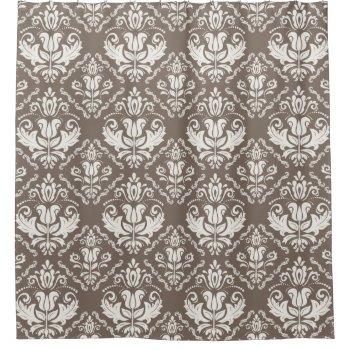 Elegant Retro Ivory Brown Damask Brocade Pattern Shower Curtain by ZeraDesign at Zazzle
