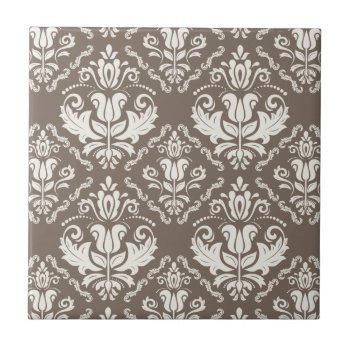 Elegant Retro Ivory Damask Brocade Brown Pattern Ceramic Tile by ZeraDesign at Zazzle