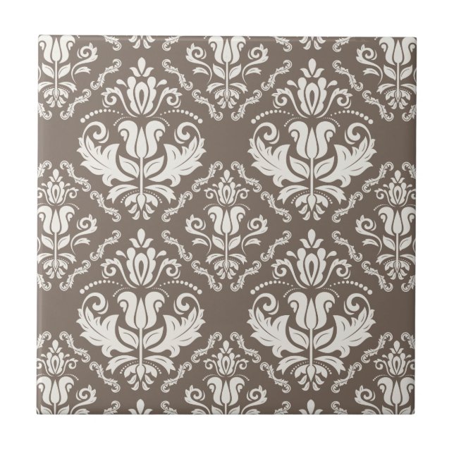 Elegant Retro Ivory Damask Brocade Brown Pattern Ceramic Tile (Front)