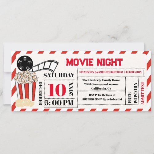 Elegant Retro Movie Night  Birthday Party ticket  Invitation