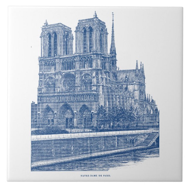 Elegant retro Notre Dame de Paris Indigo Blue Ceramic Tile (Front)