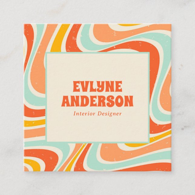 Elegant Retro Orange Blue Grunge Boho Chic Groovy Square Business Card (Front)