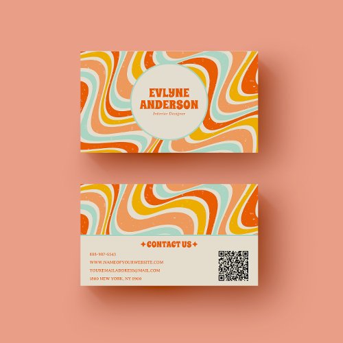 Elegant Retro Orange Blue QR Code Boho Groovy Business Card