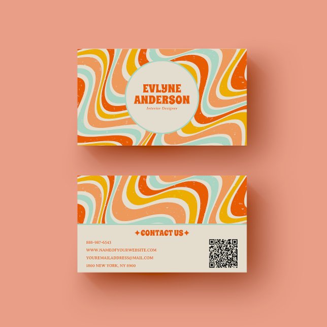 Elegant Retro Orange Blue QR Code Boho Groovy Business Card (Creator Uploaded)