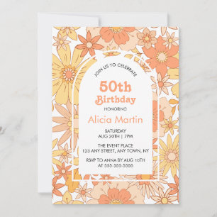 Elegant Retro Orange Peach Flora 50th Birthday Invitation