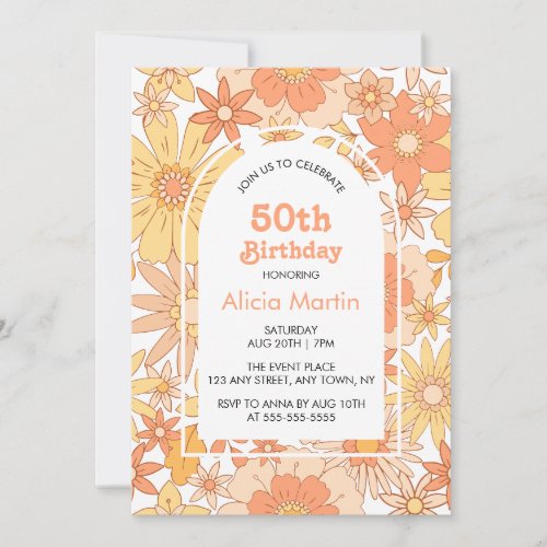 Elegant Retro Orange Peach Flora 50th Birthday Invitation