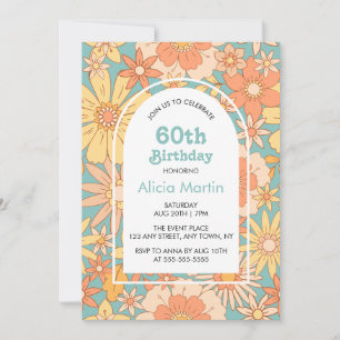 Elegant Retro Orange Peach Flora 60th Birthday Invitation