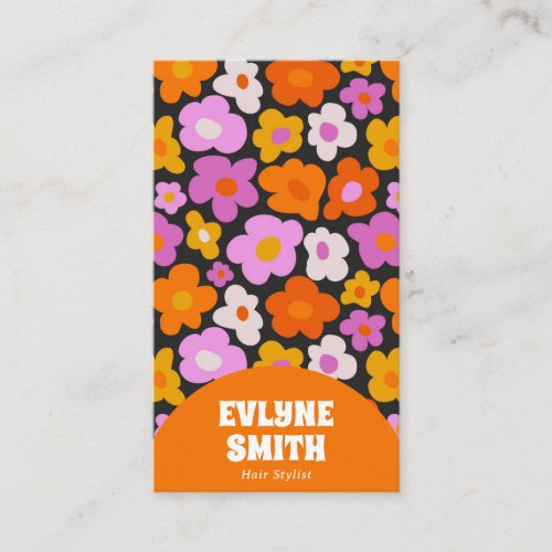 Elegant Retro Orange QR Code Boho Groovy Floral Business Card