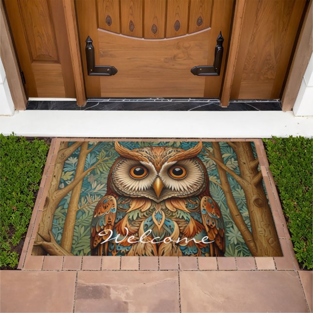 Elegant retro owl boho art deco forest greenery  doormat (Outdoor)