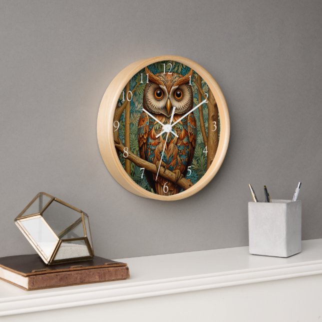Elegant retro owl boho bohemian forest greenery  clock (Office)