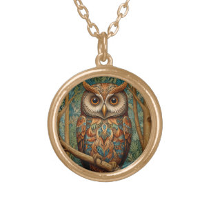 Elegant retro owl boho bohemian forest greenery gold plated necklace