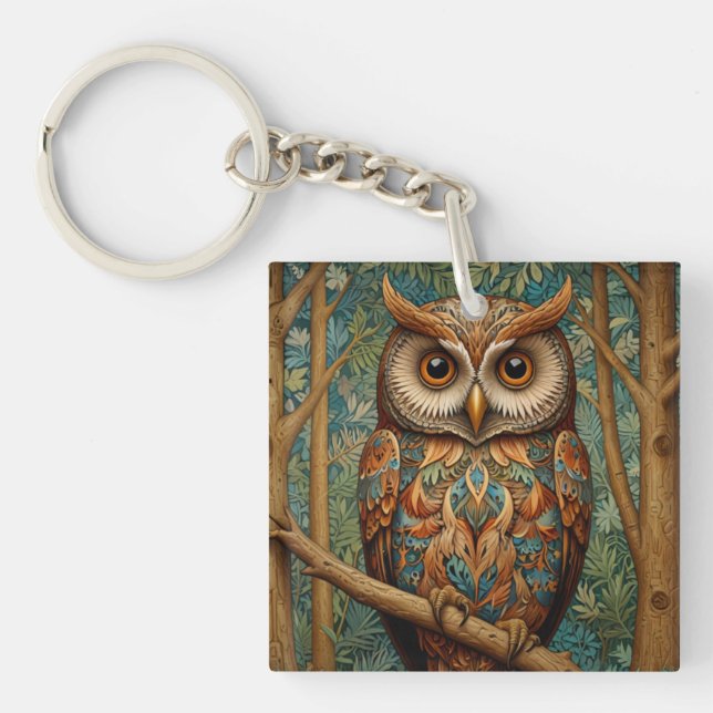 Elegant retro owl boho bohemian forest greenery  keychain (Front)