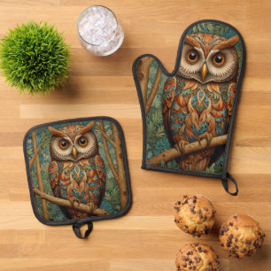 Elegant retro owl boho bohemian forest greenery oven mitt & pot holder set