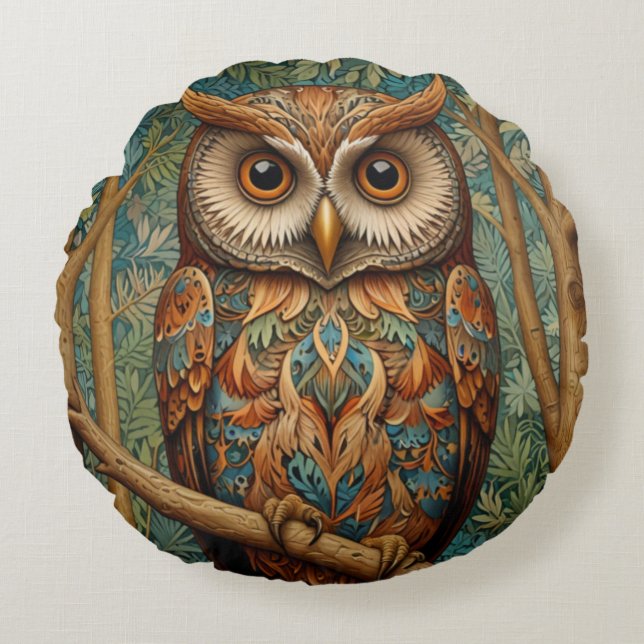 Elegant retro owl boho bohemian forest greenery  round pillow (Front)
