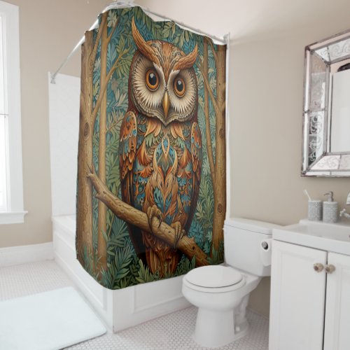 Elegant retro owl boho bohemian forest greenery  shower curtain