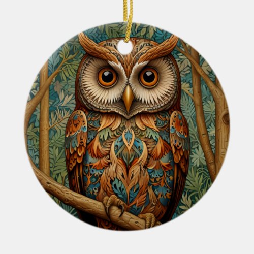 Elegant retro owl forest greenery  ceramic ornament
