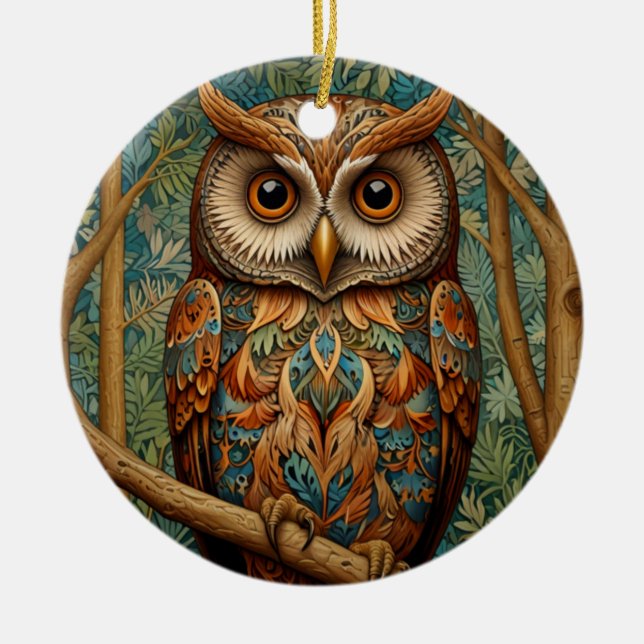 Elegant retro owl forest greenery  ceramic ornament (Front)