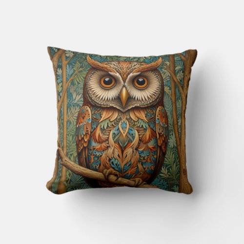 Elegant retro owl forest greenery  throw pillow