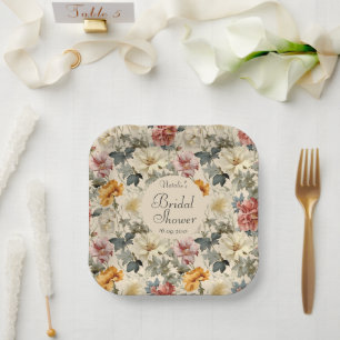 Elegant retro pattern floral for Bridal shower Paper Plates