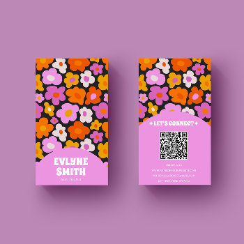 Elegant Retro Pink Colorful Qr Code Groovy Floral Business Card by marshopART at Zazzle