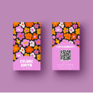 Elegant Retro Pink Colorful Qr Code Groovy Floral Business Card at Zazzle