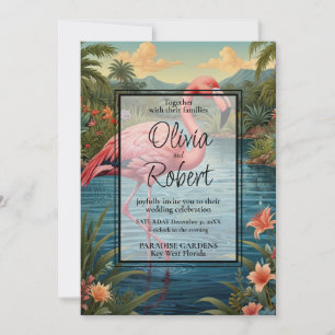 Elegant retro pink flamingo tropical boho garden invitation