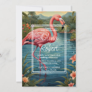 Elegant retro pink flamingo tropical boho garden invitation