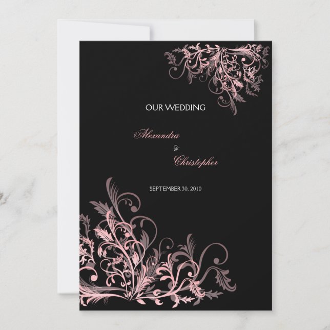 Elegant Retro Pink Flower Swirl Wedding Invitation (Front)