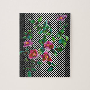 Elegant retro pink magenta watercolor roses polka jigsaw puzzle