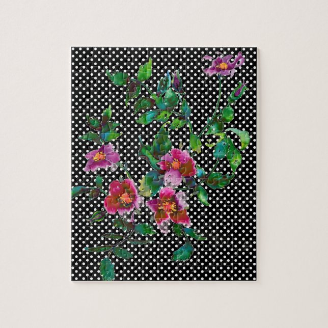 Elegant retro pink magenta watercolor roses polka  jigsaw puzzle (Vertical)