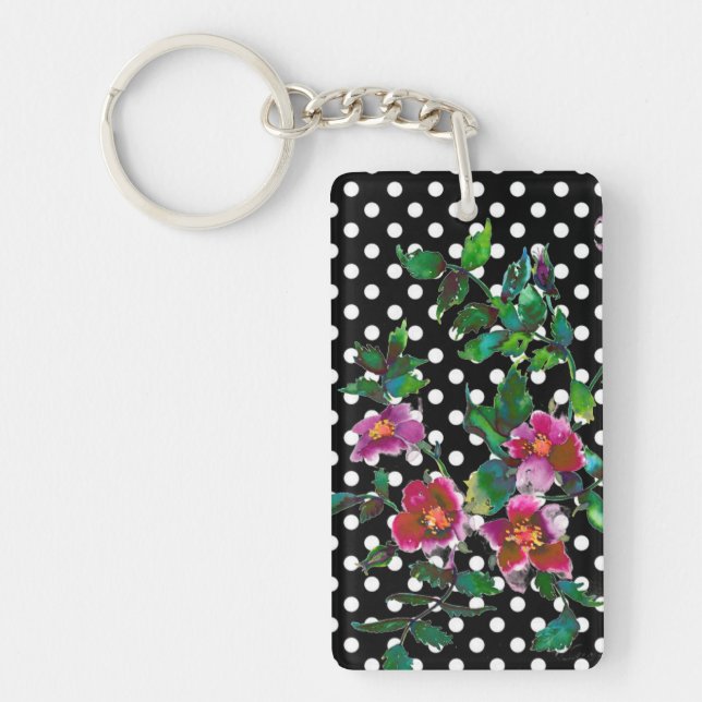Elegant retro pink magenta watercolor roses polka  keychain (Front)
