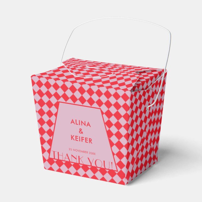 Elegant Retro Pink & Red Checkered Wedding  Favor Boxes (Front Side)