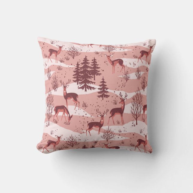 Elegant Retro Pink Red Woodland Deer Throw Pillow (Front)