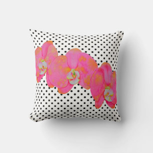Elegant retro pink watercolor orchids polka dots throw pillow