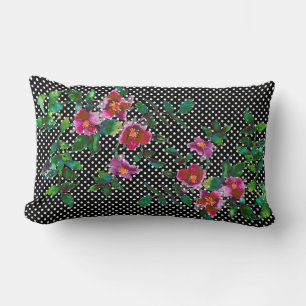 Elegant retro polka dot watercolor red roses lumbar pillow