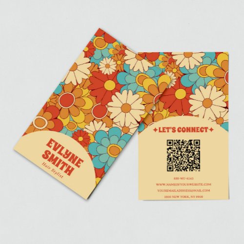 Elegant  Retro QR Code Groovy Floral Trendy Boho Business Card