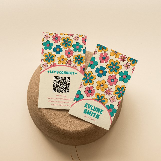 Elegant Retro QR Code Groovy Floral Unique Boho  Business Card (Creator Uploaded)