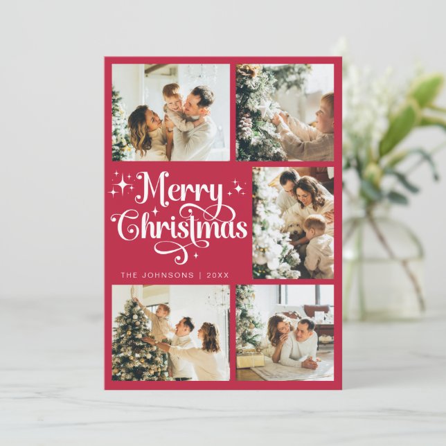 Elegant Retro Red and White Merry Christmas Family Holiday Card (Standing Front)
