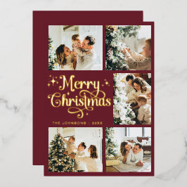 Elegant Retro Red & Gold Merry Christmas Family Foil Holiday Card
