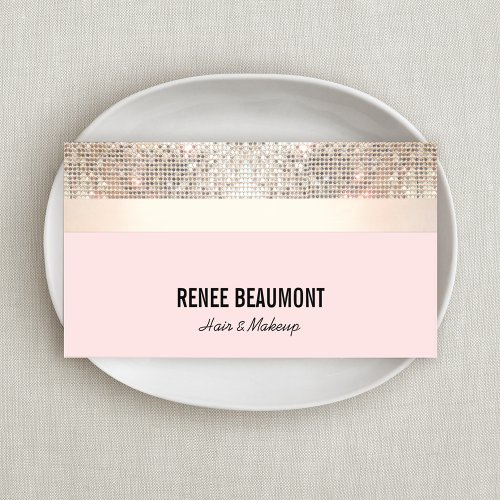 Elegant Retro Sequin Gold and Pink Striped Business Card